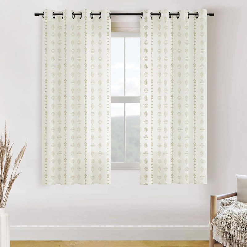 Neutral Curtains For Living Room,Floral Pattern Linen Sheer Country Boho Block Print Farm House Curtains 2 Panels Set, Cream