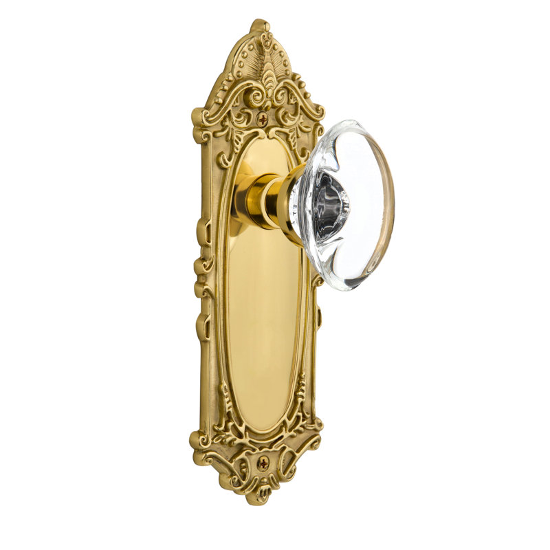 Plaque victorienne avec bouton de porte ovale en cristal transparent, 2,375 po, Laiton poli