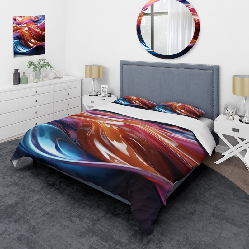 Mauve et bleu Fractal Wave II - Ensemble de housse de couette fractale abstraite