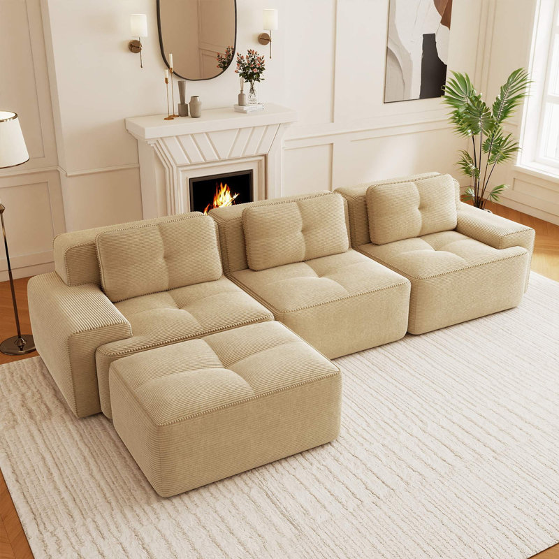 Canapé d'angle modulaire moderne en velours côtelé compressé de 117 pouces, 3 places, assise profonde, avec pouf amovible, aucun assemblage requis pour les salons
