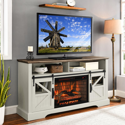 Meuble télé électrique pour foyer 60 po - blanc jasmin. Chaleur 1500W, effet de flamme réaliste, double protection, structure stable 60 po. 4 choix de luminosité, capteur de porte de 5000 heures inclus.