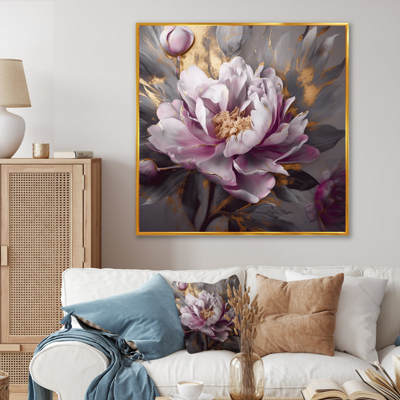 " Pink Grey Peonies Blooming V ", 36" H x 36" W x 1.5" D, Gold Floater Framed