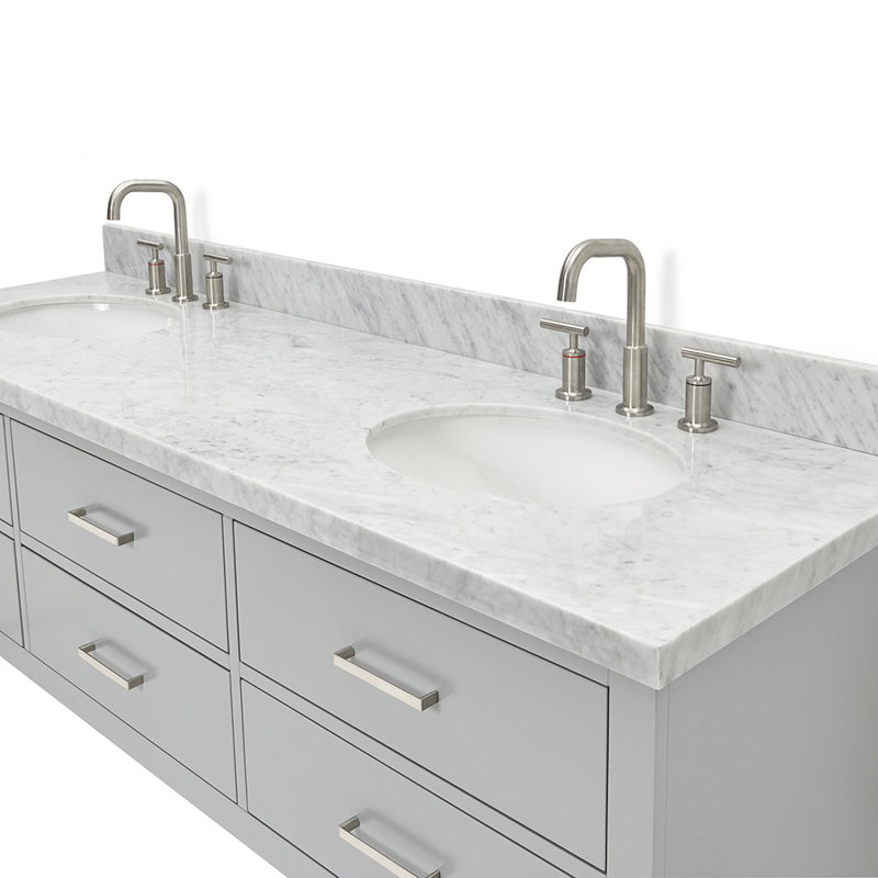 73'' W Double Vanity, Brushed Nickel, Gray, Pure White Quartz