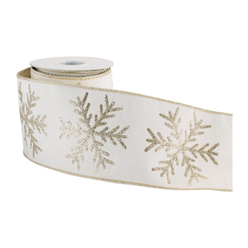 Ruban de flocon de neige câblé 4 po x 5 verges, Blanc / Doré
