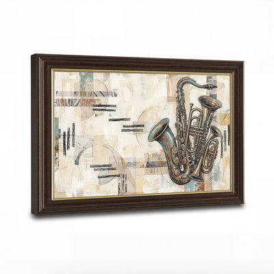 Saxophone et trompette métalliques sur toile abstraite beige