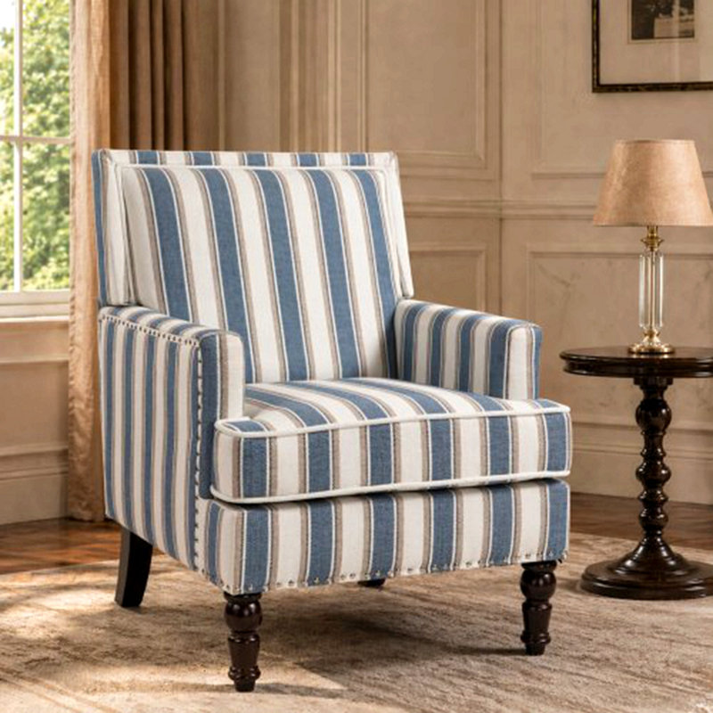 Blue Striped Upholstered Accent Chair with Turned Legs