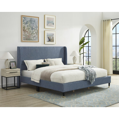 Blue Fabric Wingback Platform Bed