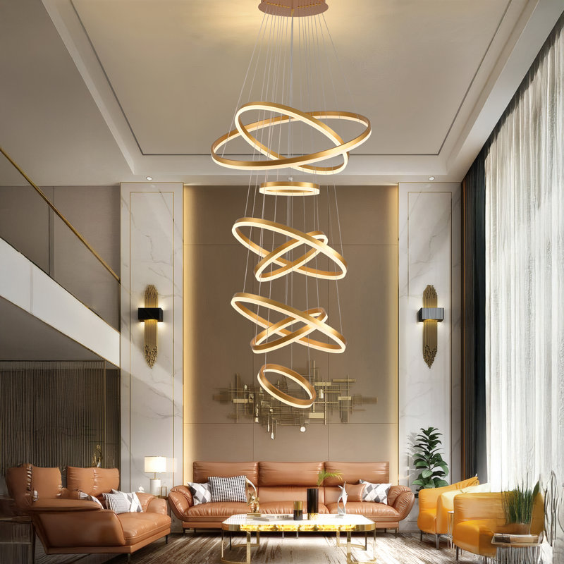 8-Rings Modern Led Chandelier Gold Contemporary Dimmable Ceiling Pendant Light With Remote Control, Foyer High Ceiling Chandelier For Staircase Living Room Entryway
