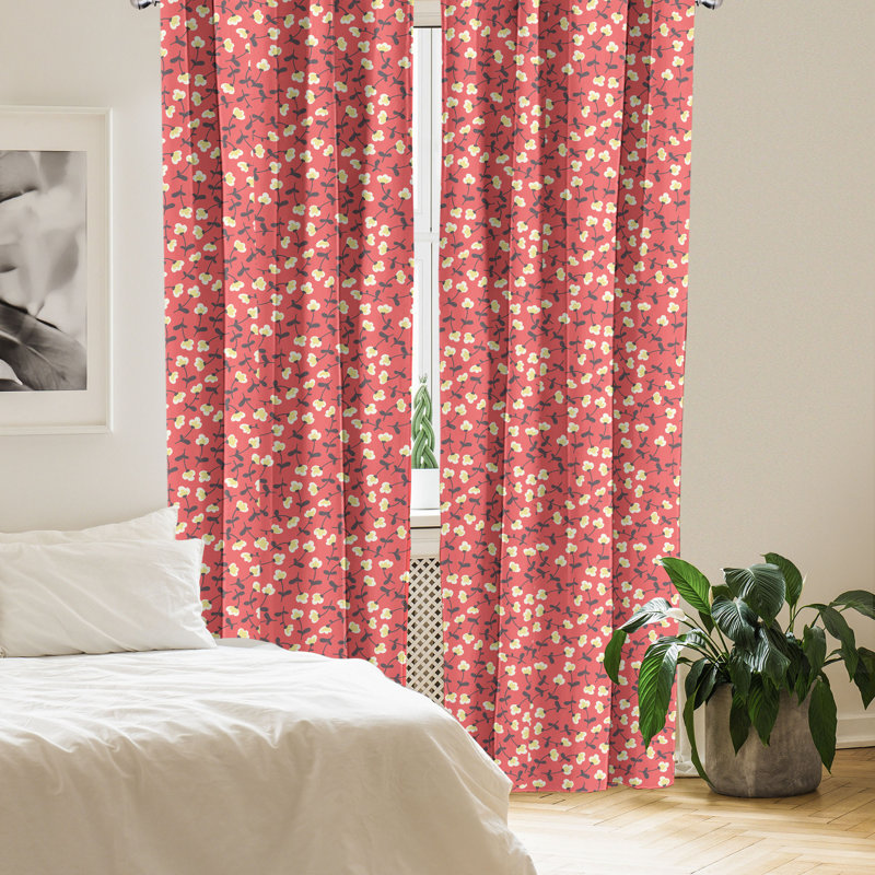 Rideaux 4 panneaux East Urban Home Flower, thème floral printanier, crème corail, L 56 po x L 63 po