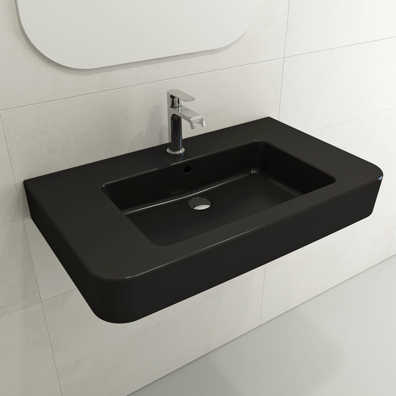BOCCHI Parma 19.69'' Fireclay Rectangular Bathroom Sink with Overflow, Matte Black, 8" Widespread