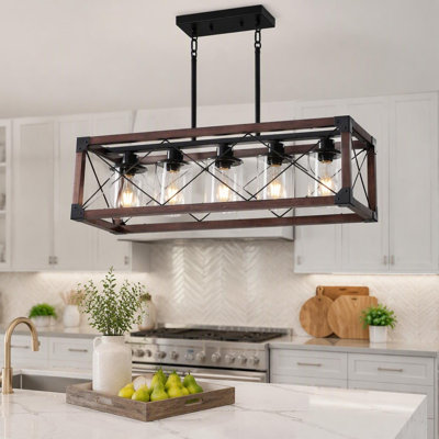 Farmhouse Rectangle Chandelier with Glass Shade Wood Dining Room Kitchen Island Pendant Light 31.5in 5 Lights