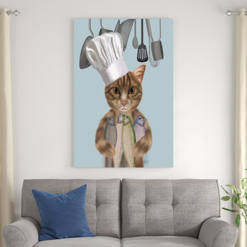 Tabby Cat Fish Chef, Portrait, H 48 po x l 32 po x P 1,25 po
