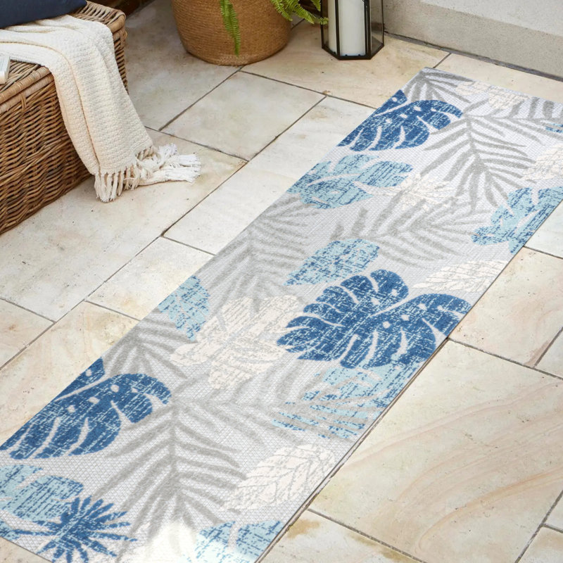 Etolin Tropical Leaf High-Low Light Gray/Navy Indoor/Outdoor Rug, Runner 2'3" x 8'