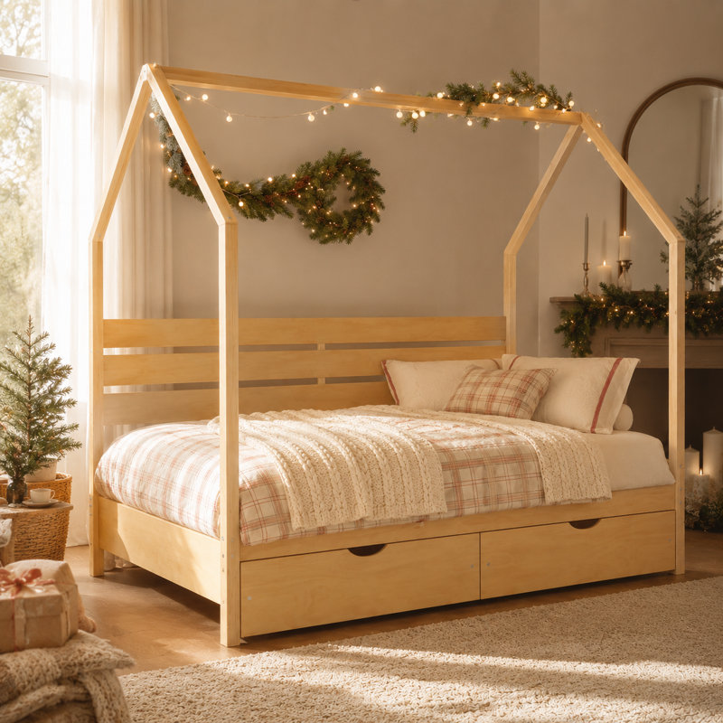 Lit cabane Montessori pleine grandeur avec 2 tiroirs de rangement, lit plateforme en bois en forme de maison avec tête de lit et foyer décoratif, sommier non requis