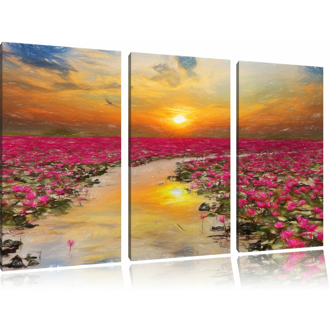 3-tlg. Leinwandbilder-Set „Lotusblüten am See im Sonnenuntergang“, Grafikdruck