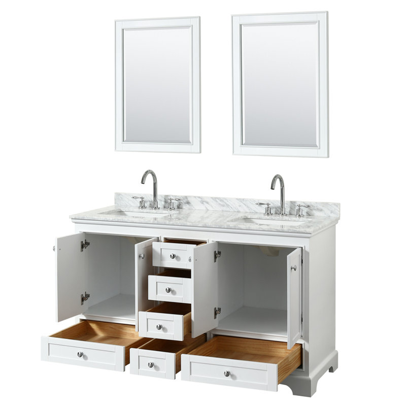Ensemble de meuble-lavabo double 60 "avec miroir Deborah, Blanc, Chrome poli