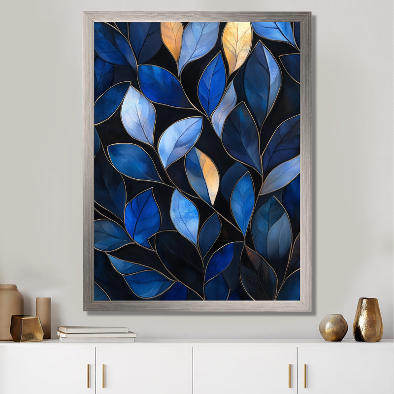 Feuillage bleu doré - Tableau botanique encadré sur toile, H 32 po x l 16 po, Cadre photo argenté