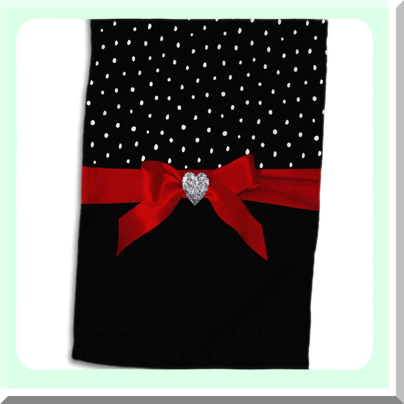 PolkaDot Elegance: White Confetti Towel with Red Ribbon, 15x22