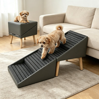 2-in-1 Foldable Dog Ramp Stairs, 4-Step Non-Slip Pet Steps Convertible Ottoman Footstool for Small Dogs Elderly Injured Pets Climbing Bed Couch，Gray