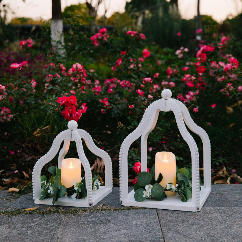 2 Pack Rustic Farmhouse Lantern Decor,Vintage Wood Beaded Lanterns,White Candle Lanterns Decorative W/LED Lights String And Garland For Home, Indoor,Outdoor, Table, Fireplace, Mantle Decor