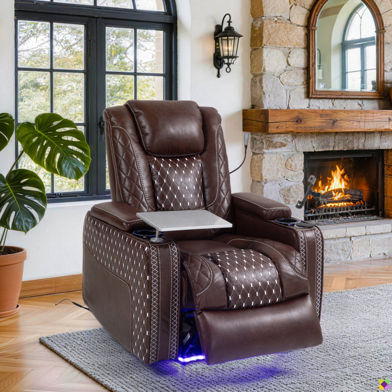 Ryun 34.25"W Faux Leather Recliner, Reading Light, USB, Arm Table & Console Box, Cup & Phone Holder, Brown