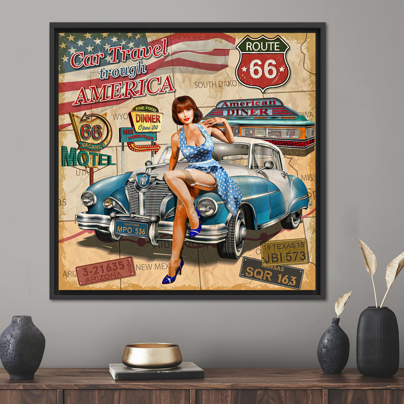American Garage Art mettant en vedette une femme avec une voiture rétro sur toile, Noir, H 41 po x l 41 po