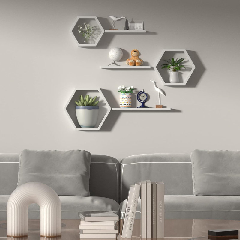 Hexagon Floating Shelves Set Of 6, Geometric Wall Shelves With Honeycomb Design For Modern Rustic Home Decor And Storage Solutions
