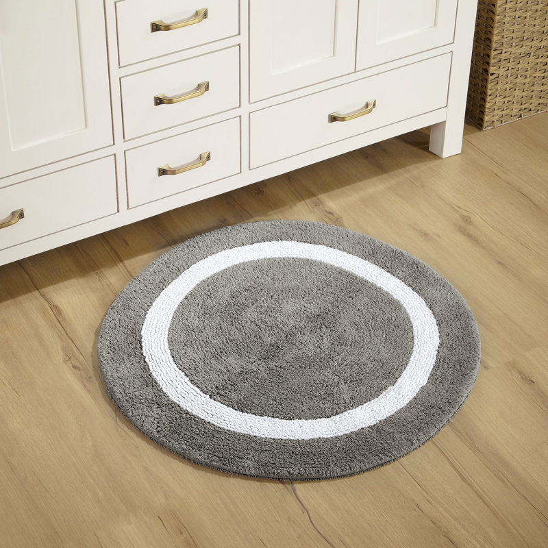 Tapis pour salle de bain réversible 100% coton Widman, Gris / Blanc, Rond 30 po