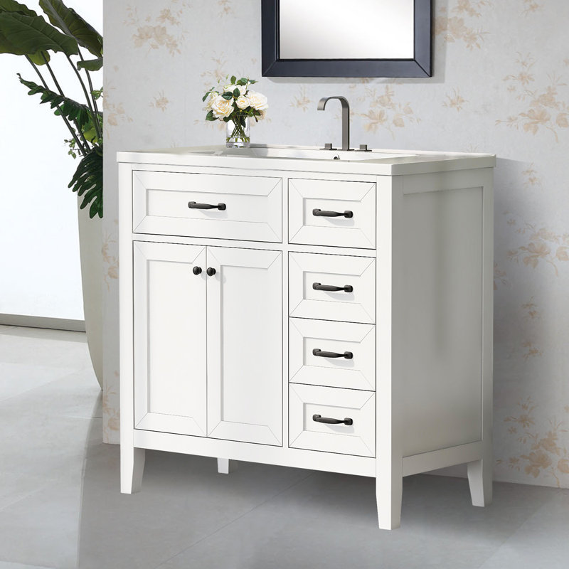 Meuble-lavabo de salle de bain avec lavabo en céramique, structure solide et panneau en bois aggloméré, Blanc / noir