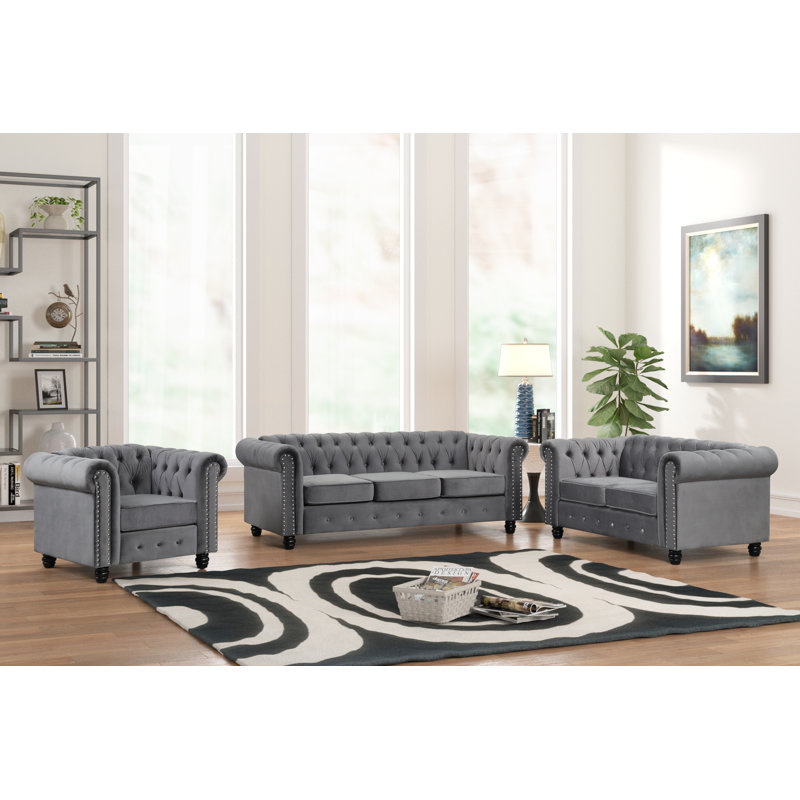 Anavi 3 - Piece Living Room Set, Gray, Velvet