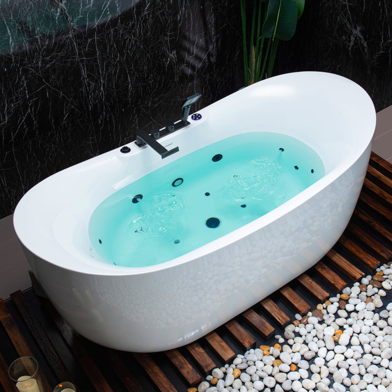 72" x 35.4" Whirlpool Water Jetted & Air Bubble Heated Soaking Combination Bathtub with Tub Filler, Matte Black