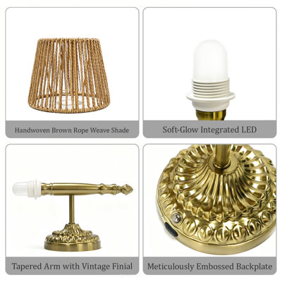 Set of 2 Boho Rechargeable Battery Operated Wall Sconces with Handwoven Brown Rope Shade and Remote, Cordless Design