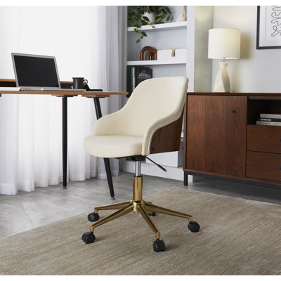 Chaise de bureau en métal doré, bois de noyer et similicuir crème