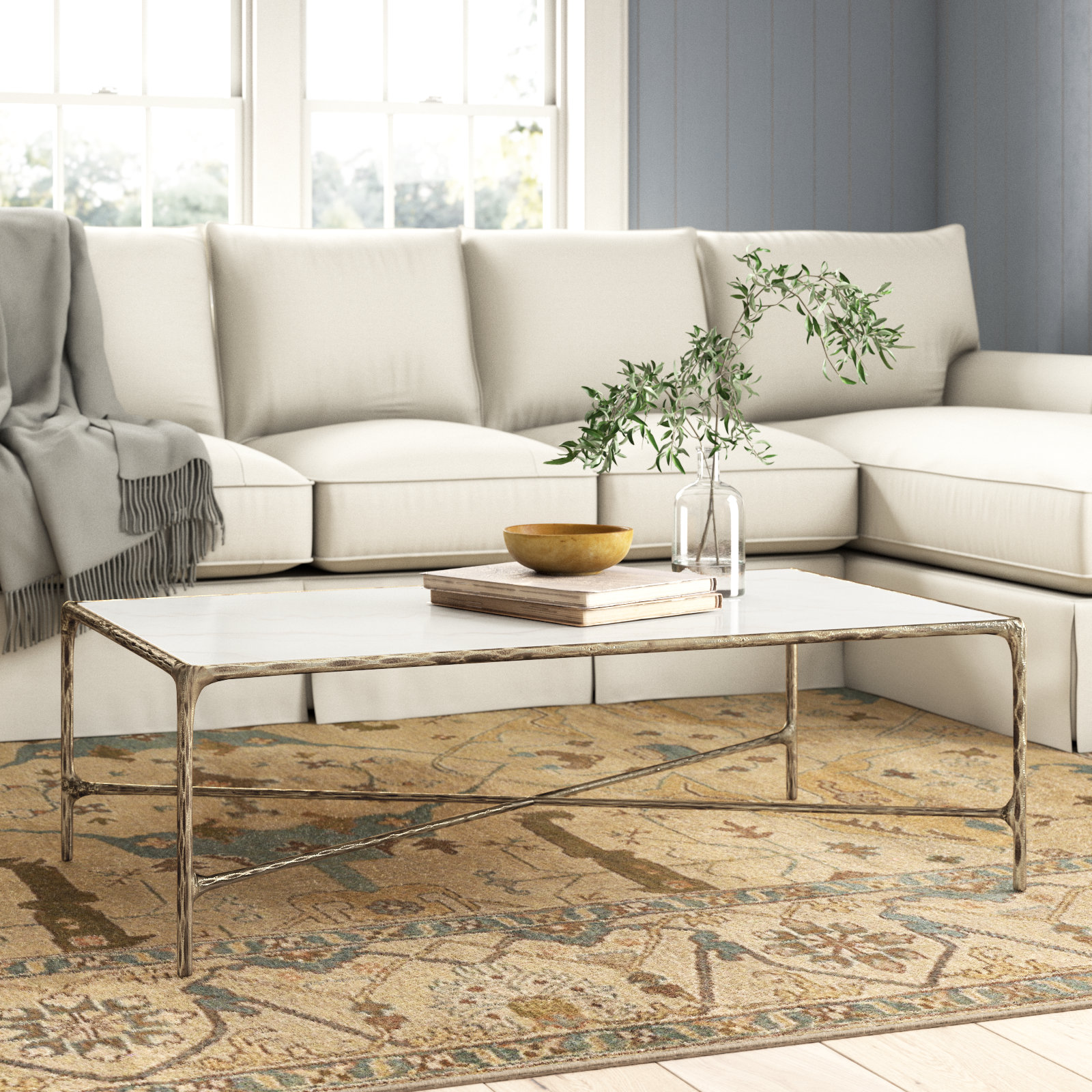 Evelynn Single Coffee Table, Brass, White Marble