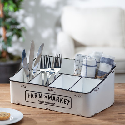 14.3-Inch Vintage "Farm to Market" Metal Caddy – 5-Compartment Decorative Enamel-Style Organizer