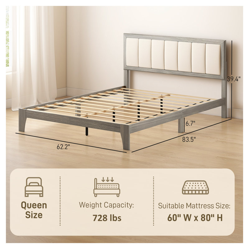 Structure de lit plateforme tapissier avec lattes en bois, grand lit, tissu beige et gris