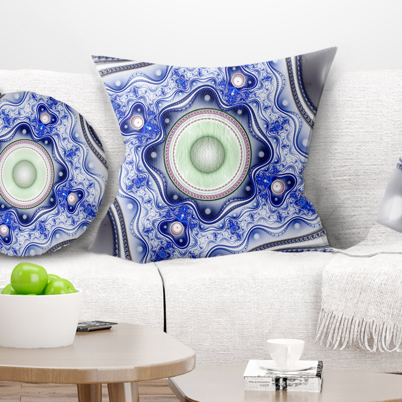 Motif bleu sur blanc avec cercles - imprimé abstrait, 16 po x 1 po, Coussin décoratif