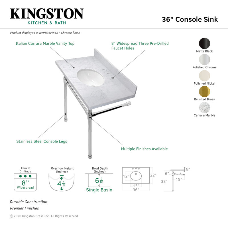 Lavabo de salle de bain console rectangulaire en céramique avec trop-plein Dreyfuss, Marbre blanc / laiton brossé