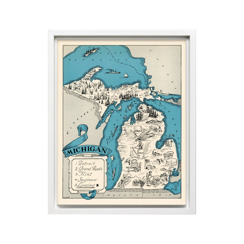 Carte illustrée du Michigan n ° 2, Canvas, 12"H x 16"W, White Framed
