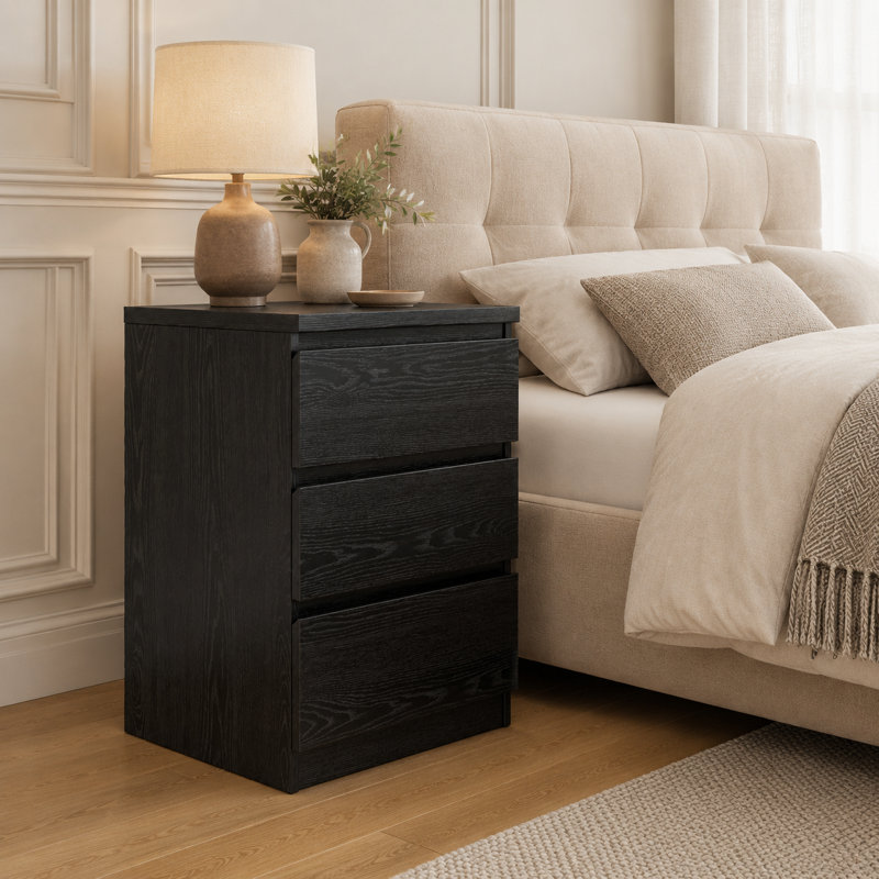 Table de chevet noire à plateau supérieur épaissi sans poignées 19,7 po à 3 tiroirs pour le salon de la chambre à coucher