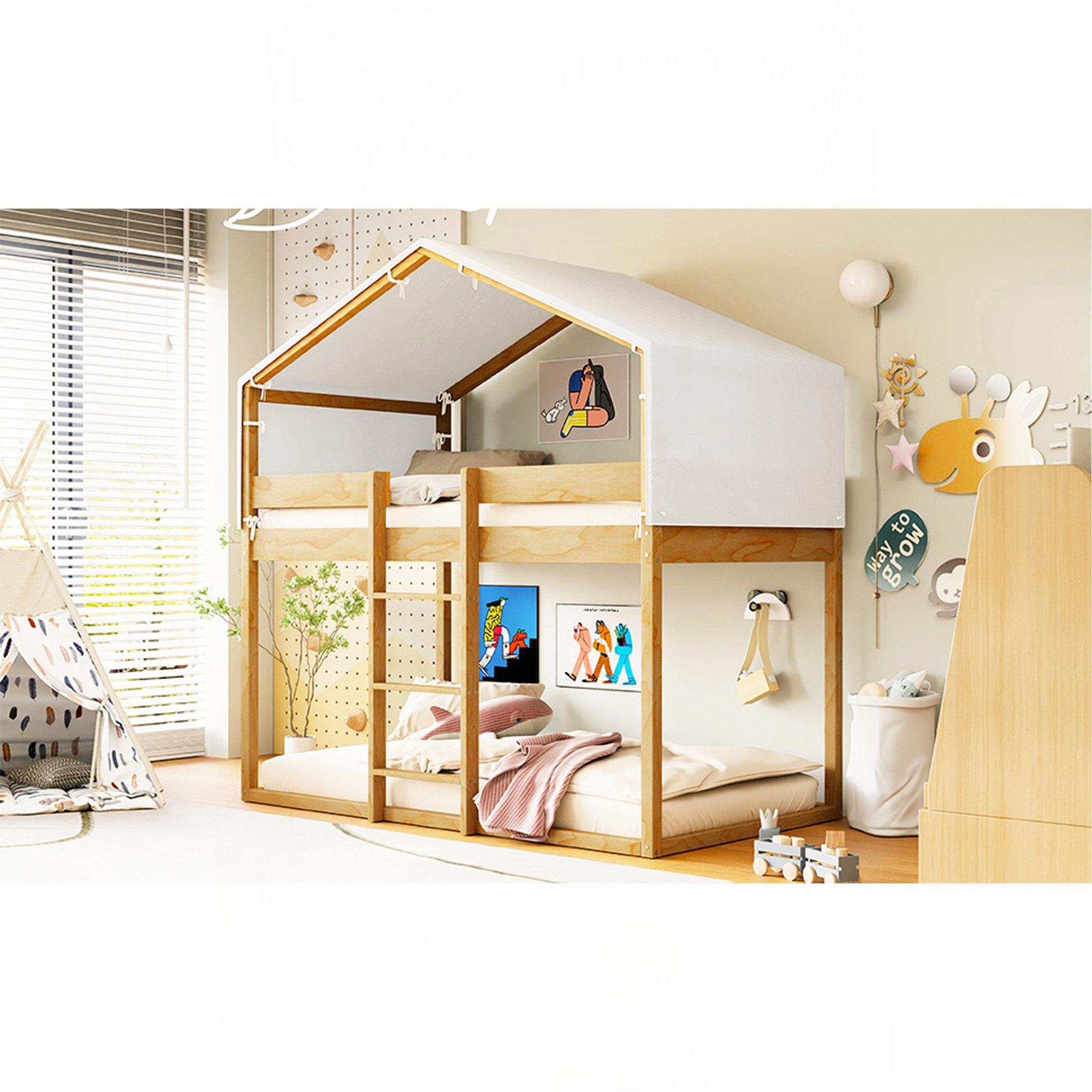 Ophelia & Co. Twin Over Twin Wood Bunk Bed With Tent, Natural - Wayfair ...