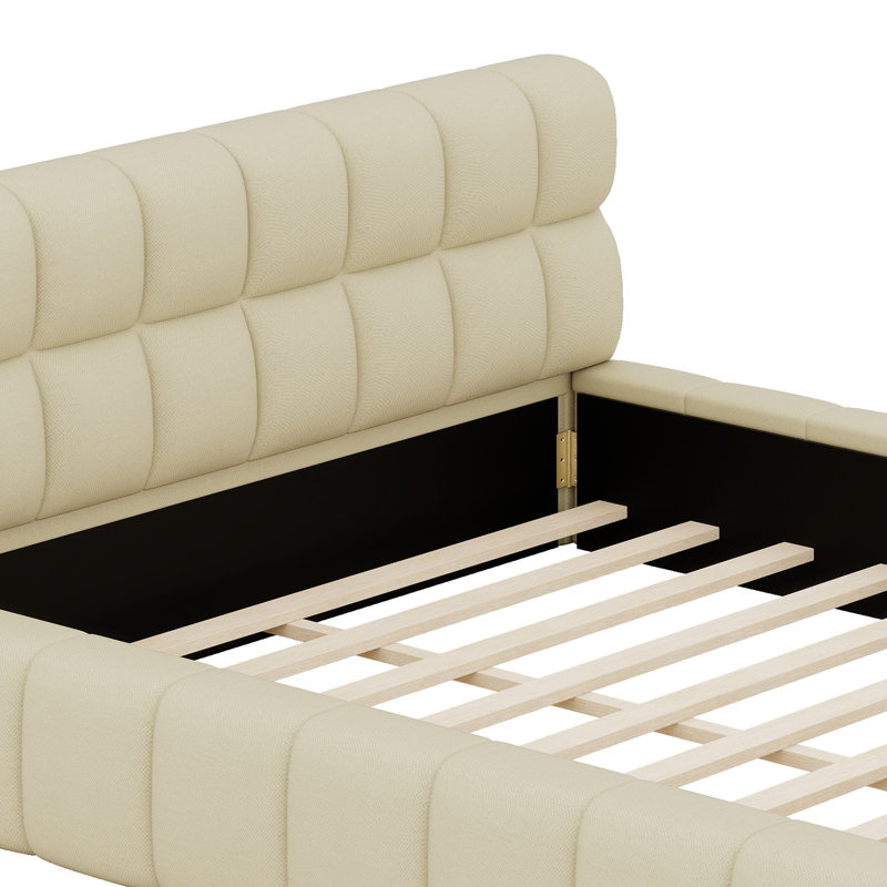 Lit plateforme au sol avec tissu en lin et lattes robustes de soutien, Beige