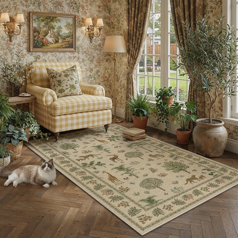 Sofia Wildlife Pattern Washable Faux Linen Area Rug With Non-Slip Backing, Rectangle 3' x 5'