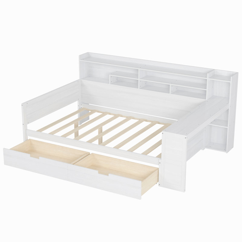 Lit de jour en bois avec tablettes de rangement, lit multifonctionnel avec 2 tiroirs de rangement et bureau d'étude, Double