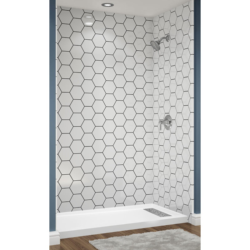 Système de douche en alcôve hexagonal en acrylique blanc avec lignes de coulis noires l 60 po x P 34 po