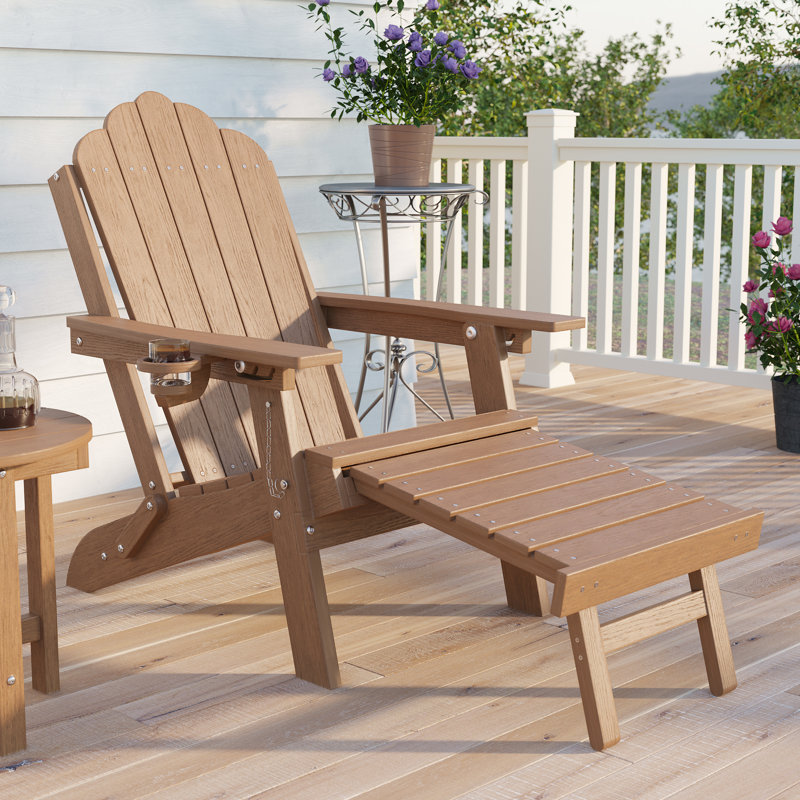 Folding Adirondack Chair with Retractable Ottoman and Cup Holder, Outdoor HDPE Lounge Chair, Teak