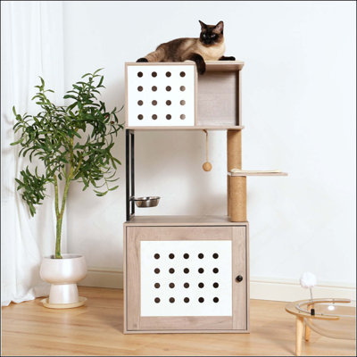 Arbre à chat avec bac à litière, tour de chat tout-en-un pour chats d'intérieur avec grand hamac, lit, station de nourriture, poteaux à griffer, meubles pour animaux de compagnie de style moderne