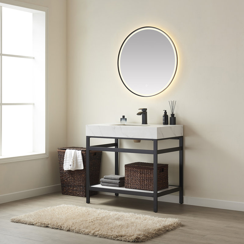 36'' Single Bathroom Vanity with Stone Top, Snow Mountain White, Matte Black, Matte Black