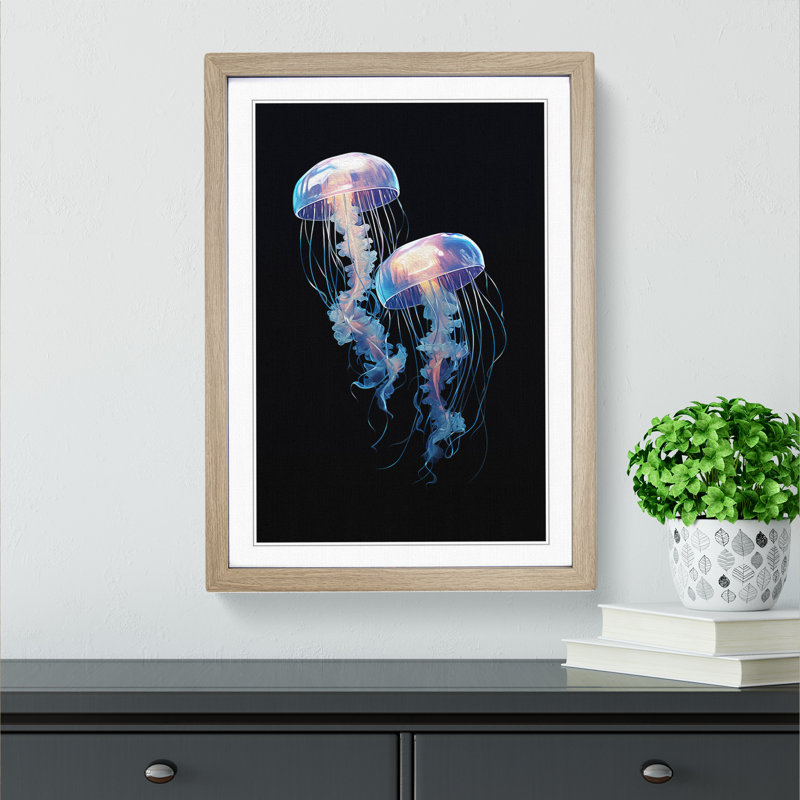 Jellyfish Minimalism - Single Picture Frame Print on Wood, 46cm H x 34cm W x 2cm D, Oak Framed