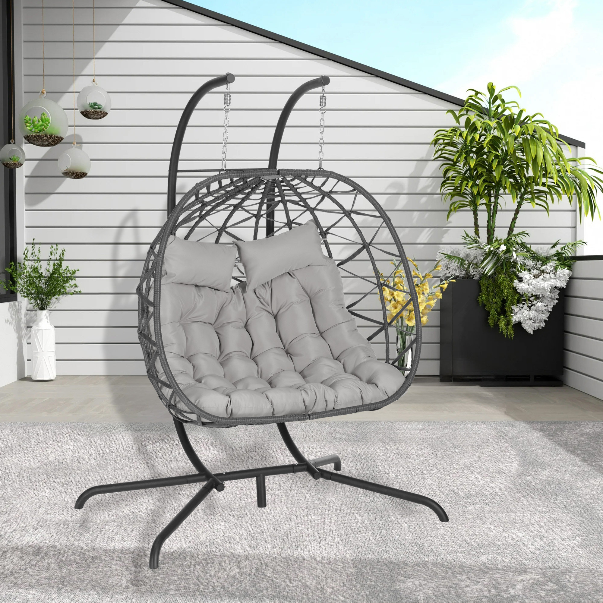 Dakota Fields Double Egg Rattan Chair With Stand And Uv Resistant ...